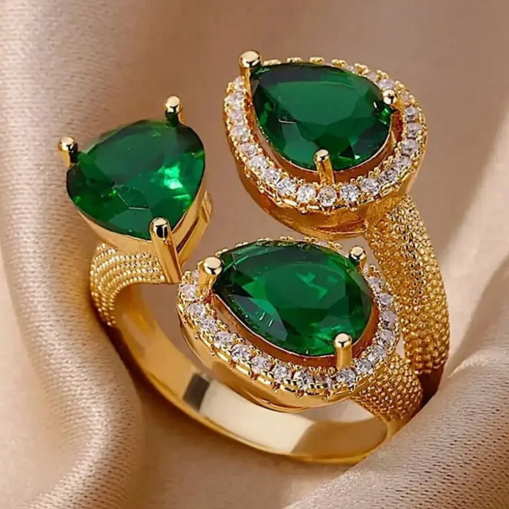 18K GOLD PLATED EMERALD LEAF RING ZIRCON ACCENTS ADJUSTABLE SIZE - Picture 2 of 6